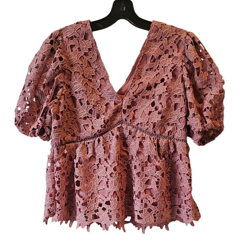 Endless Rose Dusty Rose Floral Lace Puff Sleeve Peplum V-Neck Top Womens Medium